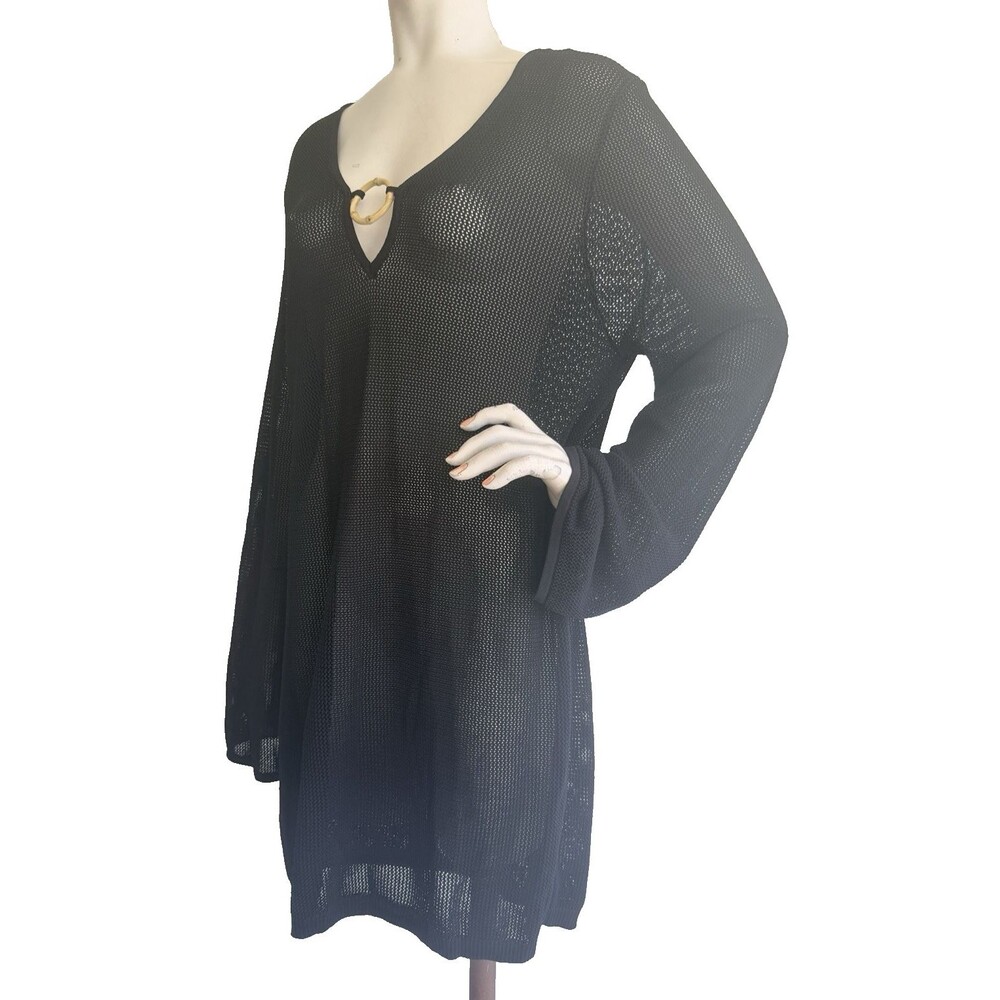 HOUSE OF HARLOW Black Sheer Woven Knit Swim Cover Up Dress Long Bell Sleeve XL